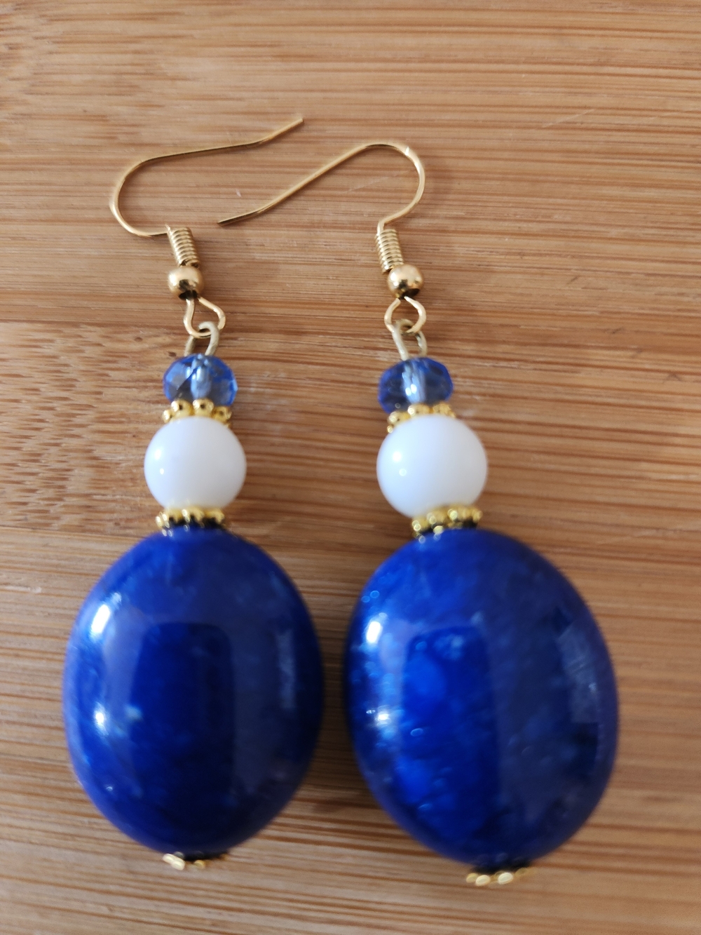 Hand Crafted Blue and White Beaded Drop Earrings